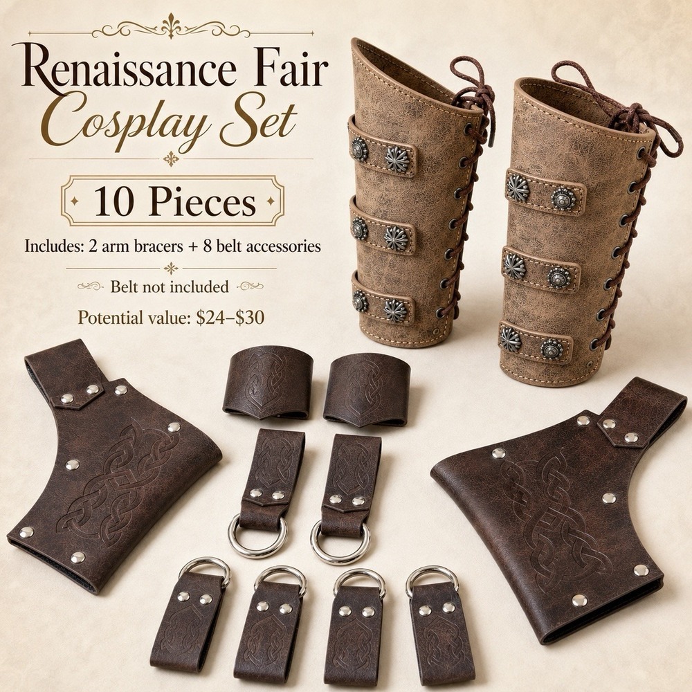 10 Pc Renaissance Fair Medieval Cosplay Arm Bracers Belt Accessories Brown LARP